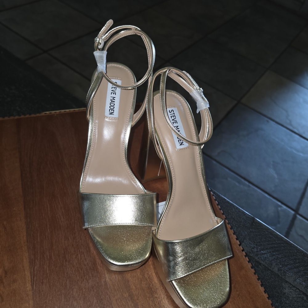 Steve Madden Gold Metallic Ankle-Strap Block Heels